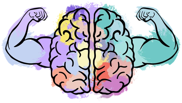 Logo Psychoforma: mózg z ramionami prężącymi bicepsy, w akwarelowych kolorach